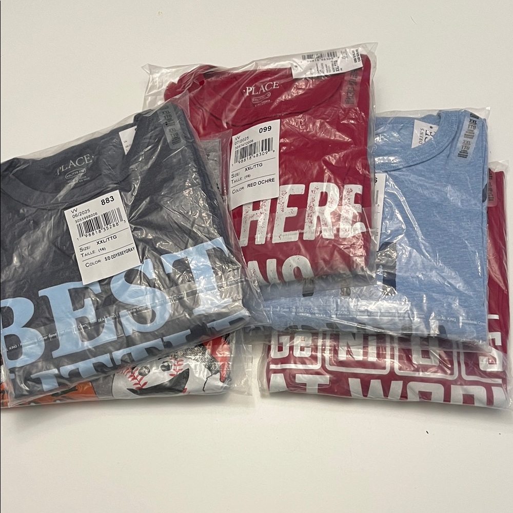 5 NEW- Kid’s XXL SIZE 16 long sleeve Graphic Tees - Red-Blue-Gray from the Place